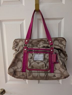 Coach Poppy Travel Bag Khaki with Pink Trim Guc Y2K Rare Purse